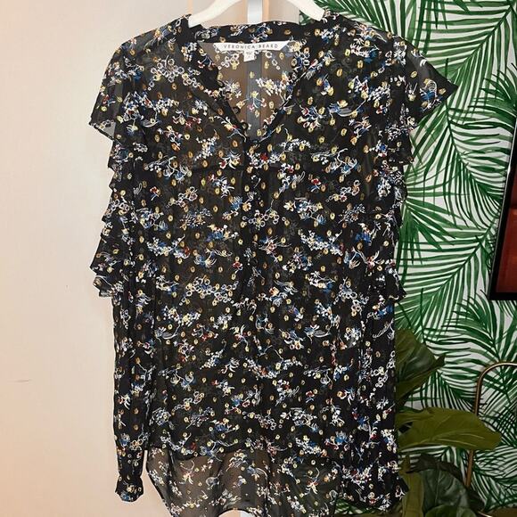 Veronica Beard Silk Metallic Floral Cold Shoulder Blouse-Size 2 - Picture 6 of 11